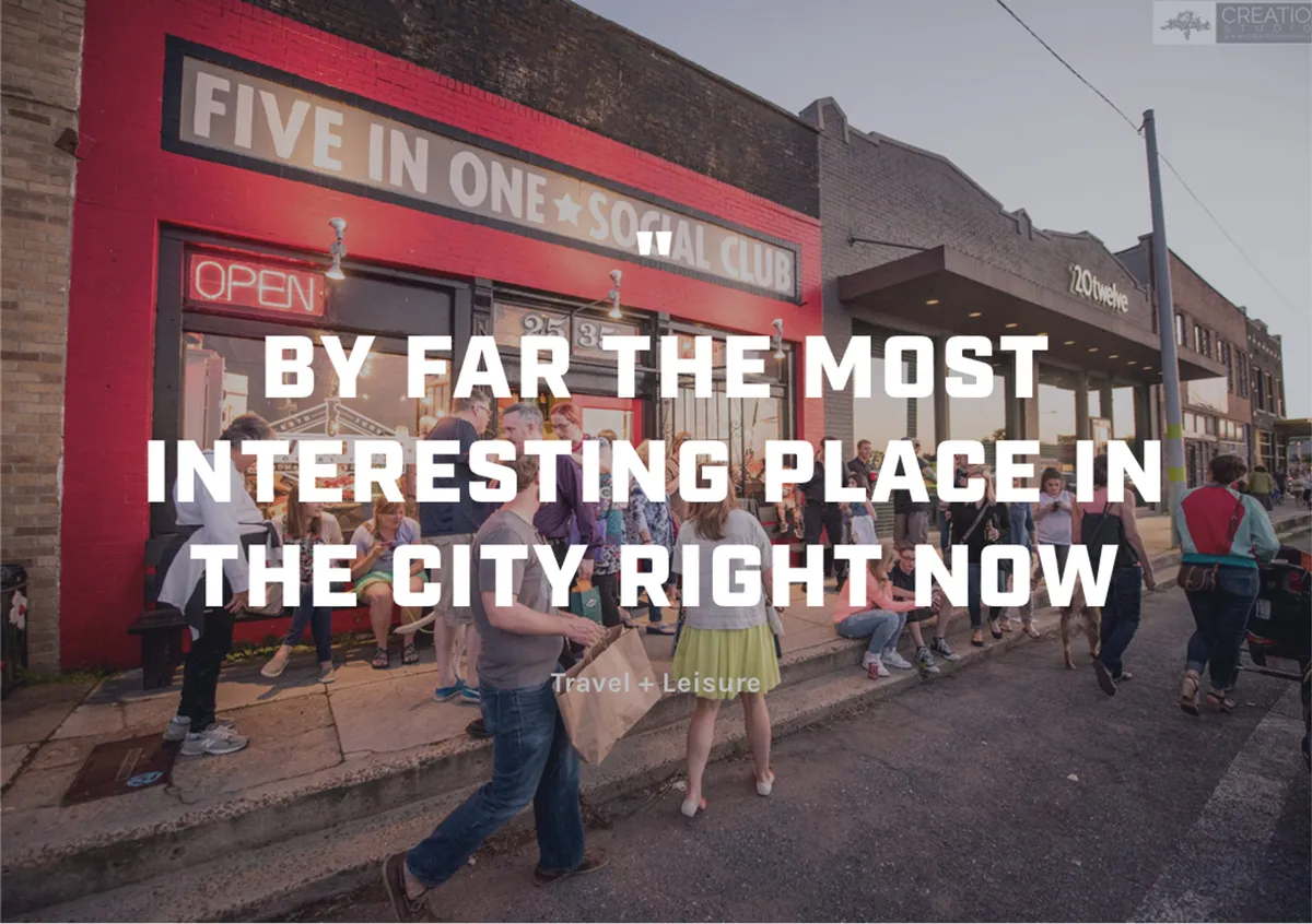 The exterior of Five In One Social Club is alive with people gathering outside, an 'open' sign welcoming visitors, and a palpable sense of community excitement. The setting suggests live music, cultural events, and the kind of local gems that make Memphis memorable.