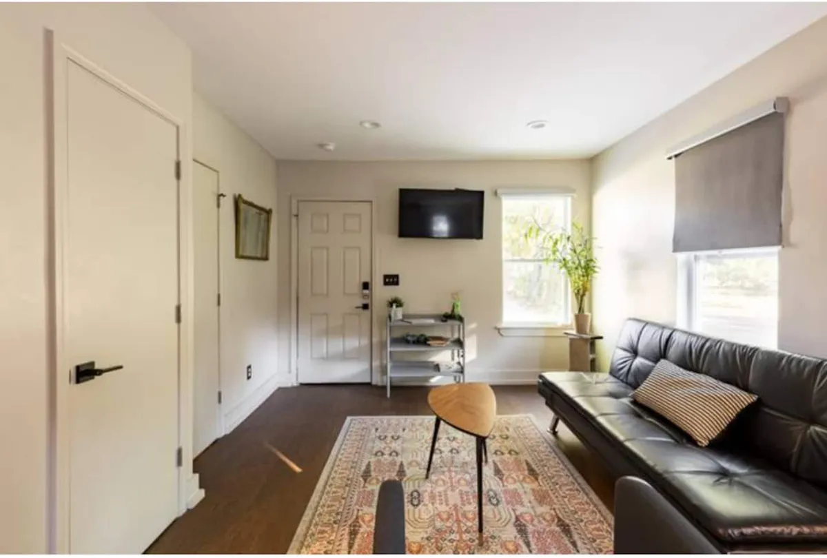 A comfortable living area featuring a black leather sofa, a stylish wooden coffee table, a decorative rug, and a vibrant potted plant. The room also includes a television, making it ideal for relaxing, watching shows, or socializing. Warm lighting enhances the cozy, homey mood of the space.