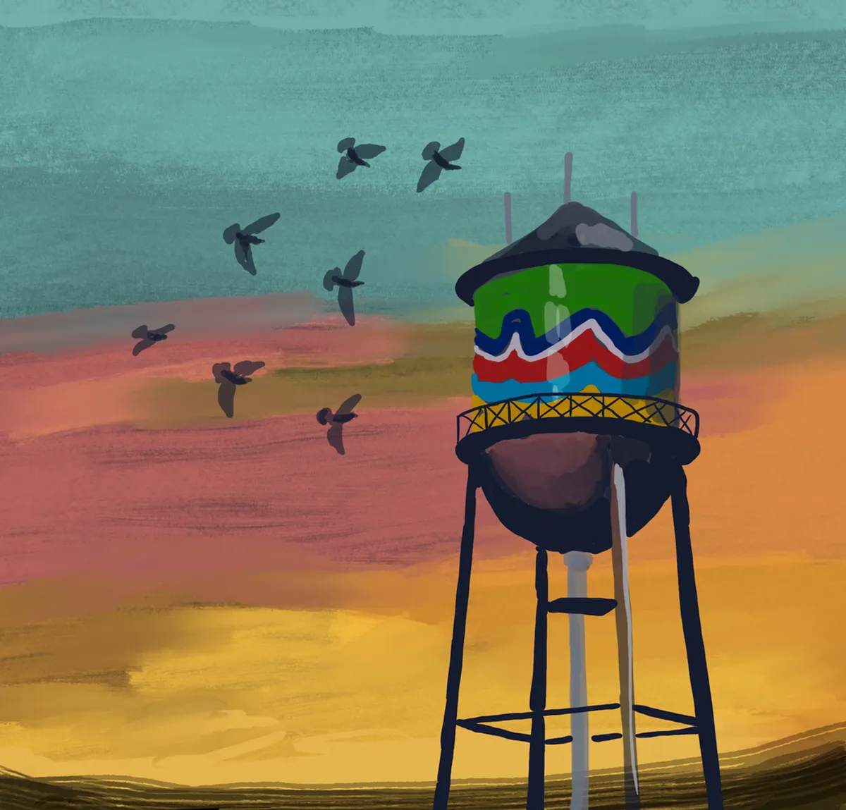 A vibrant sunset sky provides the backdrop to a colorful water tower and flying birds, evoking a sense of tranquility and connection with nature. The mood is peaceful, suggesting opportunities for evening walks and appreciating the neighborhood’s natural surroundings.