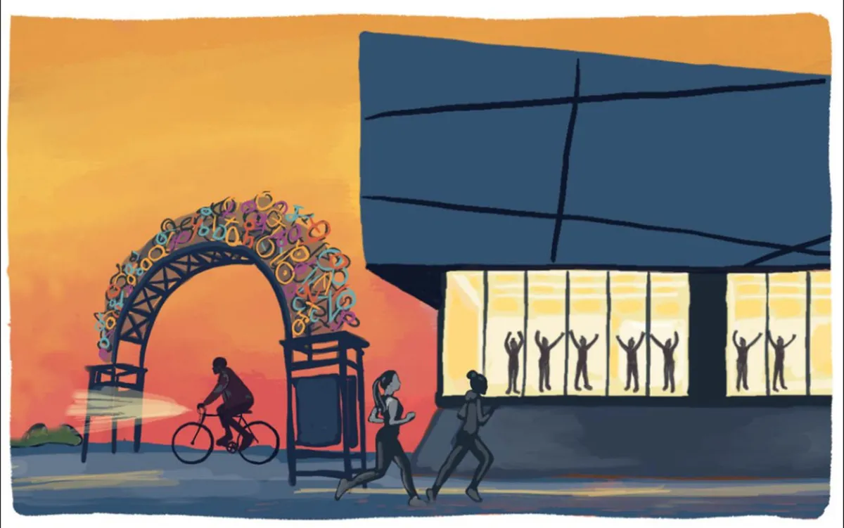 This dynamic exterior image features a colorful archway, a sleek modern building with silhouetted figures in its windows, and active community members biking and running nearby. The scene radiates urban energy and outdoor activity, perfect for those keen to explore on foot.